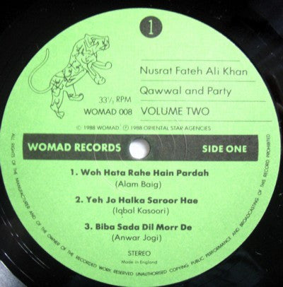 Image of Label Cover of 0225299E: LP - NUSRAT FATEH ALI KHAN, Qawwal & Party Vol 2 (Womad; 008, UK 1988)   VG+/VG+