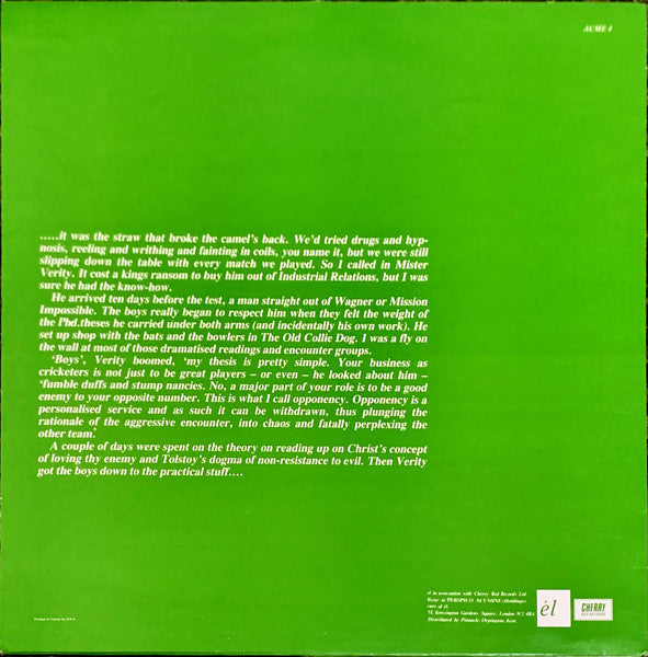 Image of Back Cover of LP - VG+/VG+ - PERSPICO ACUMINE (HOLDINGS), A Perfect Action (El; ACME4, UK 1986, Inner), Paper scuffs. Faint ring and corner wear., aka The Cavaliers. Wonderful 1986 UK Avant-Indie weirdos on the wonderfully weird Cherry Red offshoot. El Records, with a concept album about cricket. Yes. Cricket.  - 1046000S