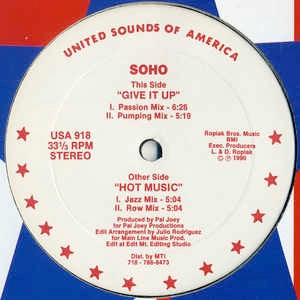 Image of Front Cover of 4644472S: 12" - SOHO (PAL JOEY), Give It Up / Hot Music (United Sounds of America; USA 918, US 1990, Company Sleeve, Deep Jazzy House Classic.) Hairlines. Large corner creases and edge wear to company sleeve.  VG/VG