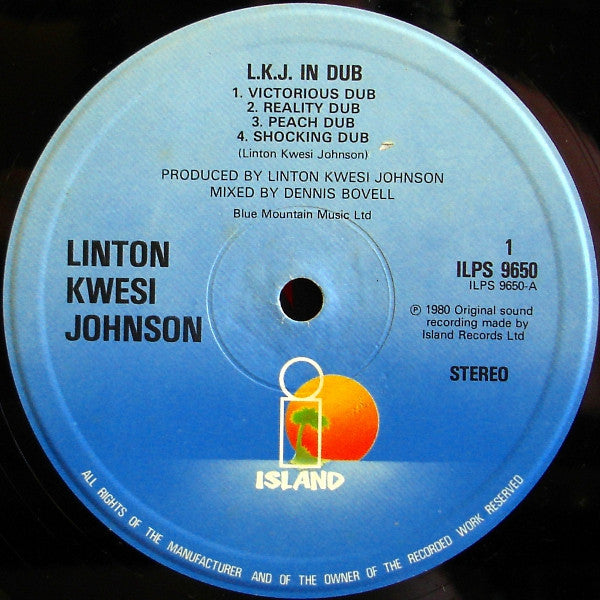 Image of Label Cover of LP - G+/G+ - LINTON KWESI JOHNSON, LKJ In Dub (Island; ILPS9650, UK 1980, Company Inner), Edge wear and sticker residue. Hairlines across both sides of disc.,  - 3346257S