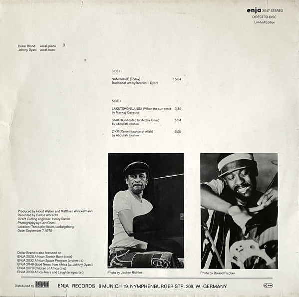 Image of Back Cover of LP - VG/VG - ABDULLAH IBRAHIM / DOLLAR BRAND, JOHNNY DYANI, Echoes From Africa (Enja Records; enja 3047, Germany 1979, Limited Edition Direct-To-Disc), ,  - 4226330E
