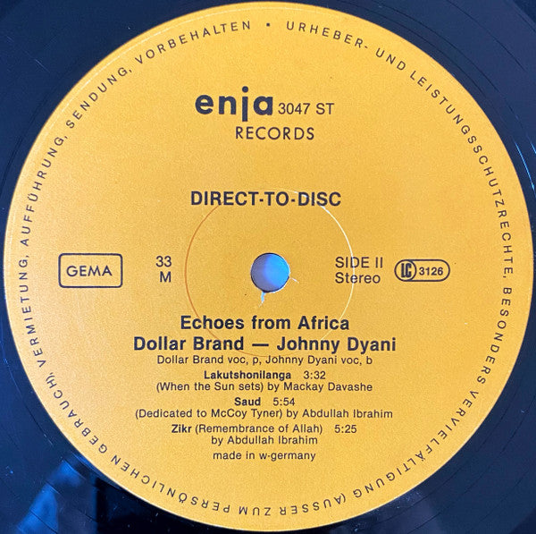 Image of Label Cover of LP - VG/VG - ABDULLAH IBRAHIM / DOLLAR BRAND, JOHNNY DYANI, Echoes From Africa (Enja Records; enja 3047, Germany 1979, Limited Edition Direct-To-Disc), ,  - 4226330E