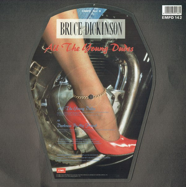 Image of Back Cover of 4925169E: 7" - BRUCE DICKINSON, All The Young Dudes (EMI; EMPD 142, UK 1990, Print, Shaped Picture Disc With Plinth & Backing Insert)   VG+/VG+