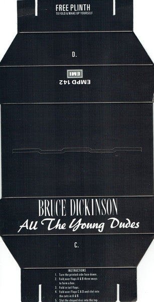 Image of Label Cover of 4925169E: 7" - BRUCE DICKINSON, All The Young Dudes (EMI; EMPD 142, UK 1990, Print, Shaped Picture Disc With Plinth & Backing Insert)   VG+/VG+
