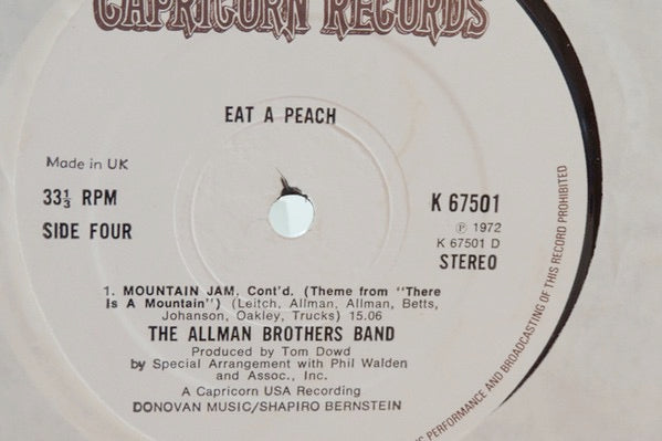 Image of Label Cover of 4624122E: 2xLP - THE ALLMAN BROTHERS BAND, Eat a Peach (Capricorn; K 67501, UK 1972, Gatefold, Insert)   VG/VG+