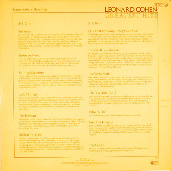 Image of Back Cover of 4624140E: LP - LEONARD COHEN, Greatest Hits (CBS Orange/Yellow; 69161, UK 1975, Inner. No Insert)   VG/G+