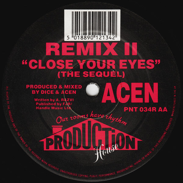 Image of Back Cover of 12" - /G+ - ACEN, Close Your Eyes (Optikonfusion!) / Close Your Eyes (The Sequel) (Production House; PNT034R, UK 1992, Plain Sleeve), Light marks only. WOL.,  - 2326223E