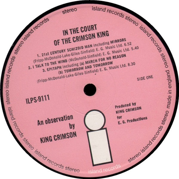 Image of Label Cover of LP - G+/G - KING CRIMSON, In The Court of the Crimson King - An Observation By King Crimson (Island Pink/i logo; ILPS 9111, UK 1969, E J Day Gatefold Sleeve, Phonodisc Pressing), Surface Noise. Bottom Seam Split, General Wear on Sleeve,  - 4026331E