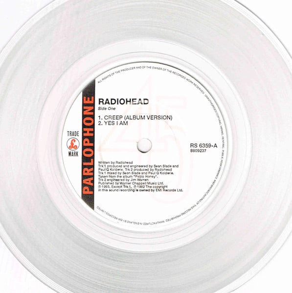 Image of Label Cover of 7" EP - VG/VG+ - RADIOHEAD, Creep (Parlophone; R 6359, UK 1993, Picture Sleeve, Clear Vinyl), A little wear to sleeve opening, vinyl has a tiny, tiny warp.,  - 2916106C