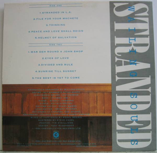 Image of Back Cover of 0646106S: LP - WAILING SOULS, Stranded (Greensleeves Records; GREL 73, UK 1984) Light tearing on back of sleeve.  G+/EX