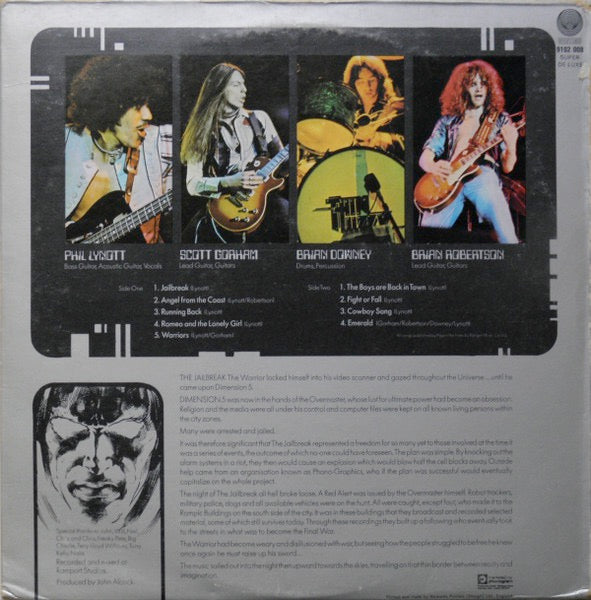 Image of Back Cover of LP - VG/VG+ - THIN LIZZY, Jailbreak (Vertigo Spaceship; 9102 008, UK 1976, Die Cut Gatefold Sleeve, First UK release. Tich and Quackers / Manchester United Runouts), ,  - 2946225S