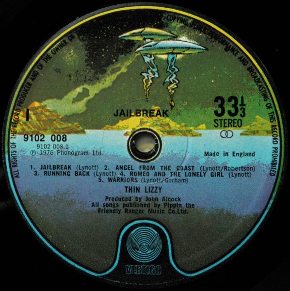 Image of Label Cover of LP - VG/VG+ - THIN LIZZY, Jailbreak (Vertigo Spaceship; 9102 008, UK 1976, Die Cut Gatefold Sleeve, First UK release. Tich and Quackers / Manchester United Runouts), ,  - 2946225S