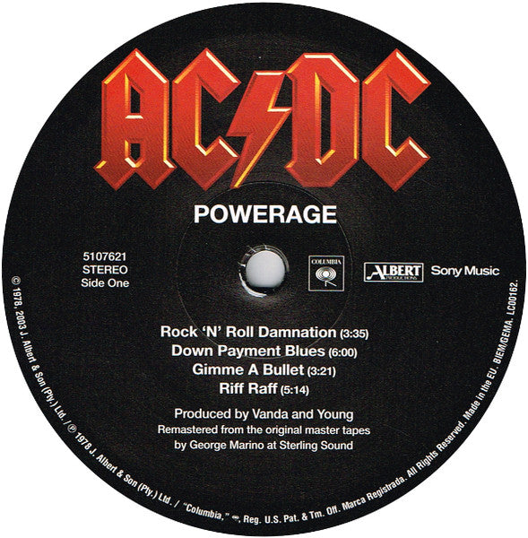Image of Label Cover of LP - VG+/EX - AC/DC, Powerage (Epic; 5107621, UK 2003 Reissue, Inner, 180 Gram Vinyl Remaster), ,  - 3926283E
