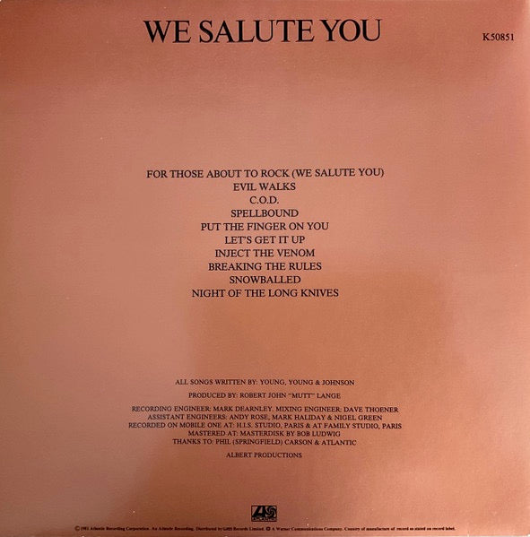 Image of Back Cover of LP - VG/VG - AC/DC, For Those About To Rock We Salute You (Atlantic ; K 50851, UK 1981, Embossed Gatefold Sleeve, No Barcode.), Strong VG, Just some light mottling to disc in parts, Otherwise clean, Sticker ghost on sleeve,  - 0716323C