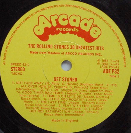 Image of Label Cover of 1944006S: 2xLP - THE ROLLING STONES, Get Stoned (Arcade; ADEP32, UK 1977, Gatefold) Edge and ring wear with price sticker residue. Sturdy sleeve. Discs are strong VG, close to VG+.  G+/VG