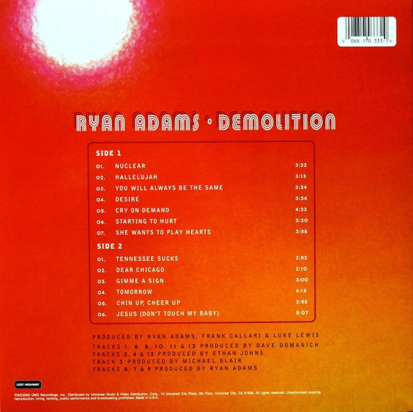 Image of Back Cover of LP - VG+/VG+ - RYAN ADAMS, Demolition (Lost Highway; 088 170 333-1, US 2002), Strong VG+, Sticker Stuck to Sleeve,  - 1726233E