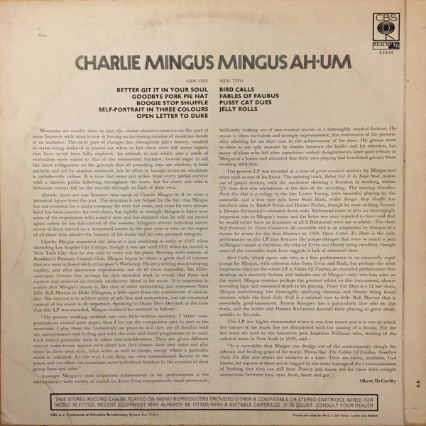 Image of Back Cover of LP - VG/VG - CHARLES MINGUS, Mingus Ah-Um (CBS Realm Jazz; 52346, UK 1969 Reissue, Laminated Front Sleeve, Mono, Back cover does not include boxed "This stereo record..." text, this artwork variant does not seem to be on Discogs), Light scratches, edge & ring wear, sticker remnants,  - 4146167S