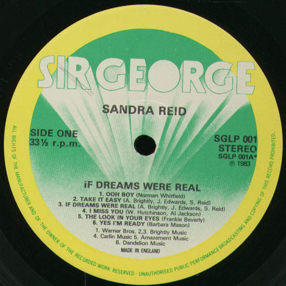 Image of Label Cover of LP - VG/VG - SANDRA REID, If Dreams Were Real (Sir George; SGLP 001, UK 1983, Glossy Sleeve, Insert), Light lines only, plays above grade. Quite a lot of creases on sleeve, wear to opening, still looks decent. Original insert included.,  - 2116573C