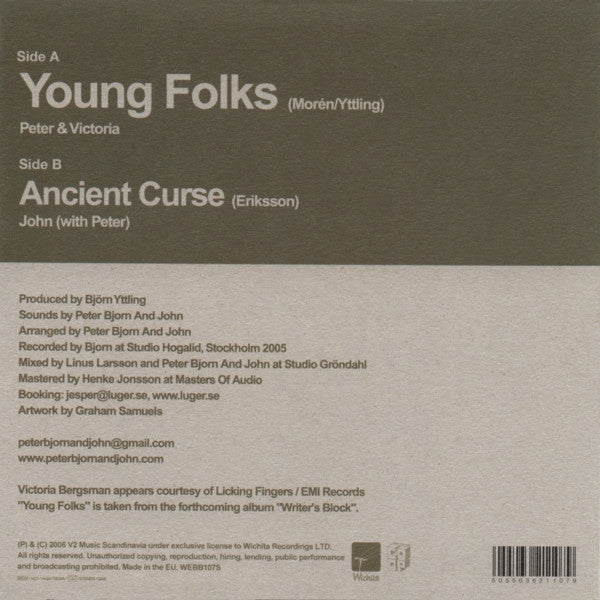 Image of Back Cover of 7" - VG+/VG+ - PETER BJORN & JOHN, Young Folks/ Ancient Curse (Wichita; WEBB107S, UK 2006), Strong VG+. Lovely copy.,  - 4056089S
