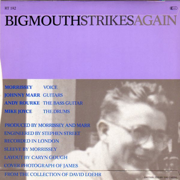Image of Back Cover of 7" - VG/G - THE SMITHS, Bigmouth Strikes Again (Rough Trade; RT 192, UK 1986, Picture Sleeve, EMI Pressing), Plays better than it looks.,  - 2816356C