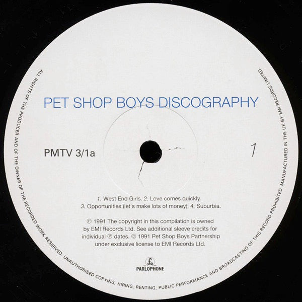 Image of Label Cover of 5144294S: 2xLP - PET SHOP BOYS, Discography (Parlophone; PMTV3, UK 1991, 2 Inners) Beautiful LPs, cover and inners, has old HMV price sticker on front  VG+/VG+