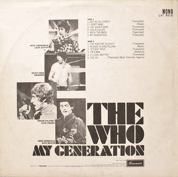 Image of Back Cover of 3945114S: LP - THE WHO, Sings My Generation (Brunswick; LAT 8616, UK 1965, Laminated Front Robert Stace Sleeve, Mono) Intact sleeve but with notable wear on back cover. Disc is visually G+ but plays through with low surface noise, closer to VG sounding.  G+/G+