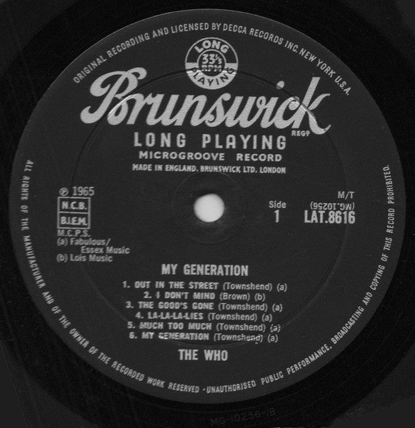 Image of Label Cover of 3945114S: LP - THE WHO, Sings My Generation (Brunswick; LAT 8616, UK 1965, Laminated Front Robert Stace Sleeve, Mono) Intact sleeve but with notable wear on back cover. Disc is visually G+ but plays through with low surface noise, closer to VG sounding.  G+/G+