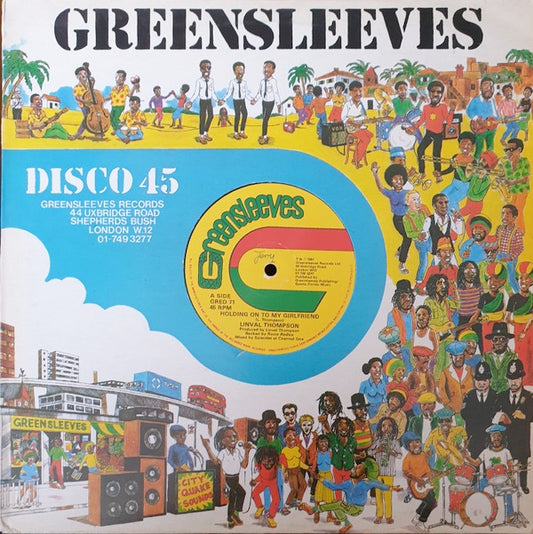 Image of Front Cover of 4615093C: 12" - LINVAL THOMPSON / NICODEMUS, Holding On To My Girlfriend / Wife & Sweet Heart (Greensleeves Records; GRED 71, UK 1981, Company Sleeve) Superficial circular marks, plays fine.  VG/VG