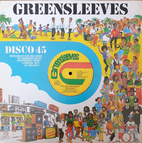 Image of Back Cover of 4615093C: 12" - LINVAL THOMPSON / NICODEMUS, Holding On To My Girlfriend / Wife & Sweet Heart (Greensleeves Records; GRED 71, UK 1981, Company Sleeve) Superficial circular marks, plays fine.  VG/VG