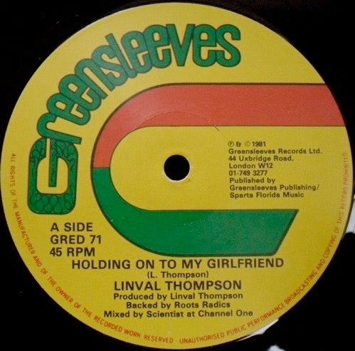 Image of Label Cover of 4615093C: 12" - LINVAL THOMPSON / NICODEMUS, Holding On To My Girlfriend / Wife & Sweet Heart (Greensleeves Records; GRED 71, UK 1981, Company Sleeve) Superficial circular marks, plays fine.  VG/VG