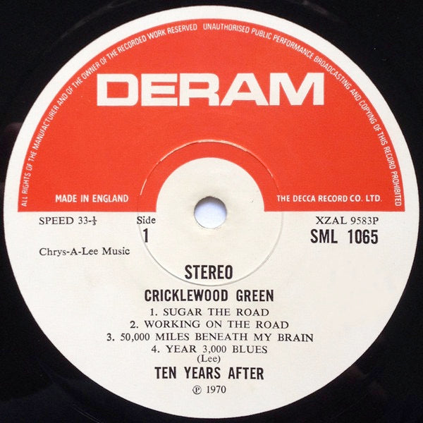 Image of Label Cover of 5044333S: LP - TEN YEARS AFTER, Cricklewood Green (Deram Small Red/White; SML 1065, UK 1970, Gatefold With Indicator Hole, Blue Sereo Indicator Inner, No Poster) Light edge wear, crease down the spine, name written on A side label  VG/VG+