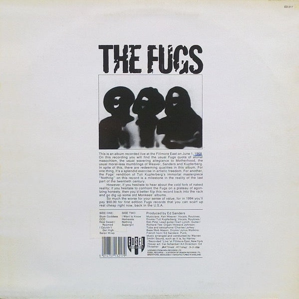 Image of Back Cover of 2014359C: LP - FUGS, Golden Filth - Live at the Fillmore East (Edsel; ED217, UK 1987 Reissue)   VG+/VG+