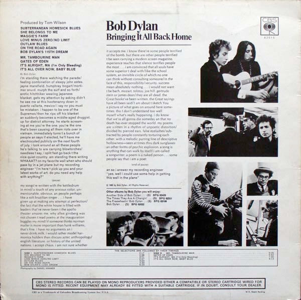 Image of Back Cover of LP - G+/G - BOB DYLAN, Bringing it All Back Home (CBS Orange (33 1/3 On Label); 62515, UK 1960s Reissue, Non-Laminated,Non Flipback, Blossom Music Credit), Seam split, writing, small tears. Disc plays above grade, visually a G.,  - 3646066S