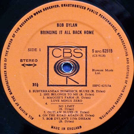 Image of Label Cover of LP - G+/G - BOB DYLAN, Bringing it All Back Home (CBS Orange (33 1/3 On Label); 62515, UK 1960s Reissue, Non-Laminated,Non Flipback, Blossom Music Credit), Seam split, writing, small tears. Disc plays above grade, visually a G.,  - 3646066S