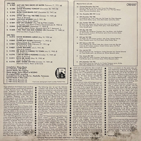 Image of Back Cover of LP - EX/EX - WYNONIE HARRIS, Rock Mr. Blues (Charly; CRB1097, UK 1985), ,  - 0726039E