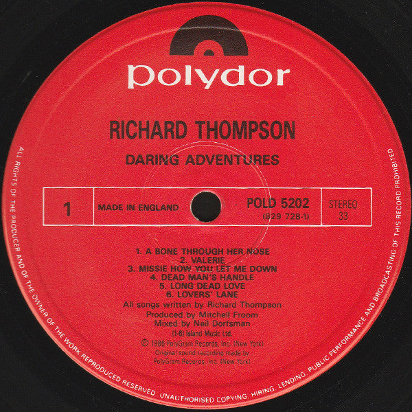 Image of Label Cover of LP - VG/VG+ - RICHARD THOMPSON, Daring Adventures (Polydor Red Labels; POLD5202, UK 1986, Insert), ,  - 3816456C