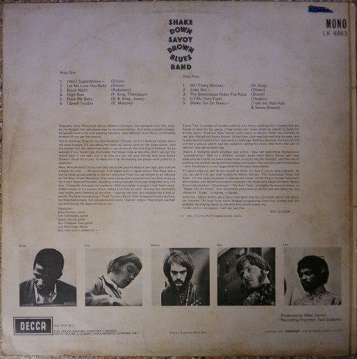 Image of Back Cover of LP - VG/VG - SAVOY BROWN BLUES BAND, Shake Down (Decca Red Unboxed; LK4883, UK 1967, Mono), ,  - 1246134S