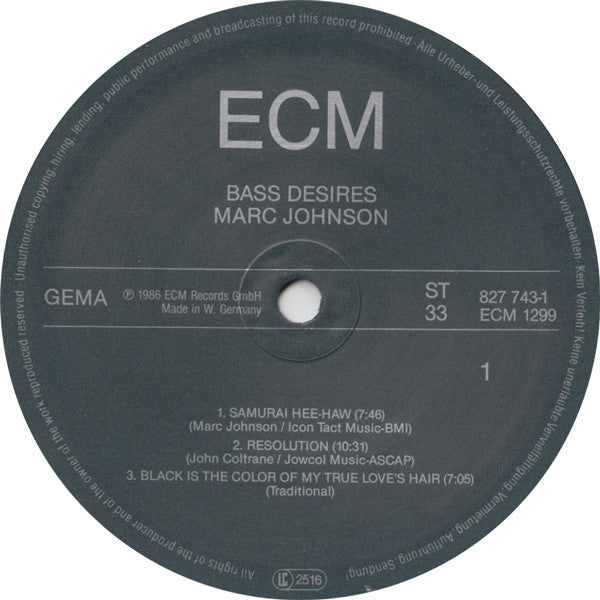 Image of Label Cover of LP - VG/VG - MARC JOHNSON, BILL FRISELL, JOHN SCOFIELD, PETER ERSKINE, Bass Desires (ECM; ECM 1299, Germany 1986), ,  - 3826102E
