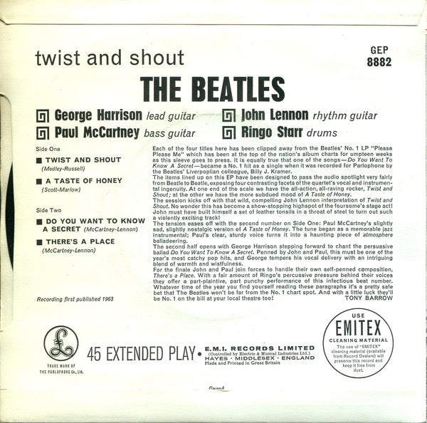 Image of Back Cover of 4414150C: 7" EP - THE BEATLES, Twist & Shout (Parlophone; GEP 8882, UK 1978 Reissue, Picture Sleeve, Push Out Centre)   VG/VG