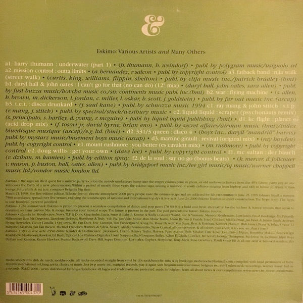 Image of Back Cover of 4614191C: 3xLP - VARIOUS, Eskimo: Various Artists and Many Others (Eskimo; 541416 500437, Belgium 2000, Inners) Sleeve has wear and damage at edges. A sticker ghost on front, some fingerprint stains on reverse  G+/G+