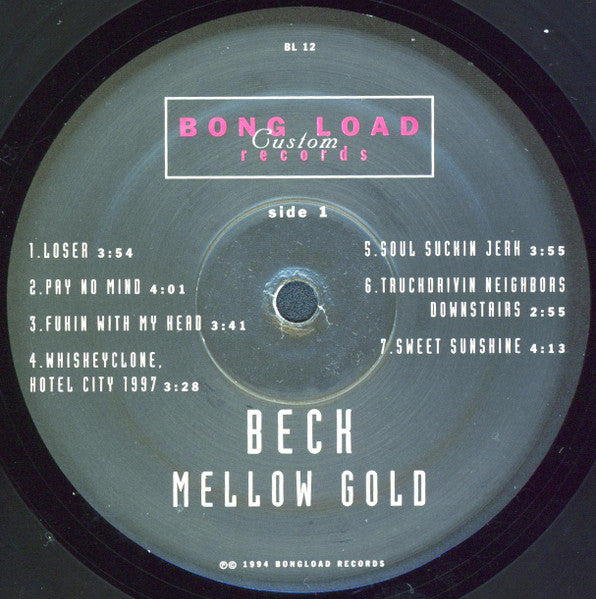 Image of Label Cover of LP - VG/G - BECK, Mellow Gold (Bong Load Records; BL12, US 1997 Reissue, Black Barcoded Sleeve), Light marks, strong VG sleeve just a small corner bump and minor edge wear.,  - 1216200C