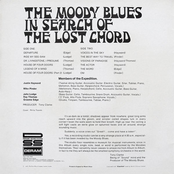 Image of Back Cover of 2324100E: LP - THE MOODY BLUES, In Search of the Lost Chord (Deram Large Red and White; SML711, UK 1968, Laminated Inside Loading Gatefold Sleeve, No Indicator Hole, Company Inner, Stereo) A few small creases to spine.  VG+/VG+