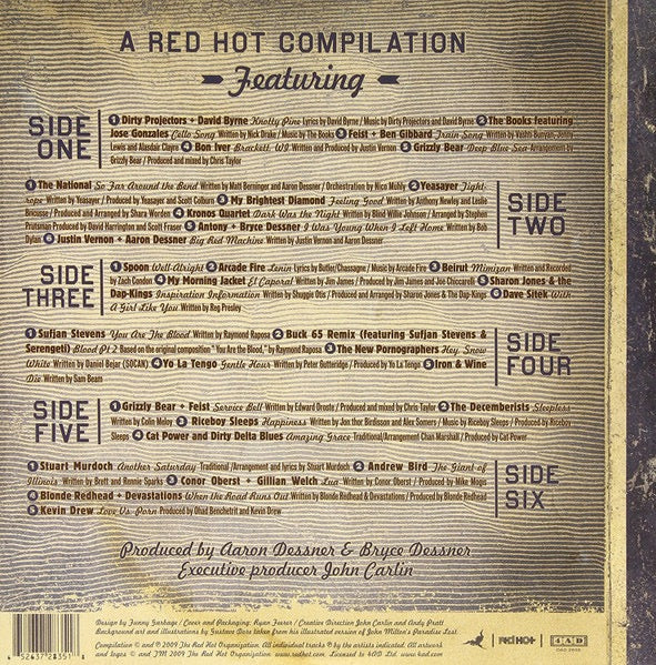 Image of Back Cover of 3xLP - VG+/VG+ - VARIOUS, Dark Was the Night (4AD/ Red Hot; DAD2835, US 2009, Textured Gatefold Sleeve), , 4AD COMPILATIONTHE NATIONALSUFJAN STEVENSYO LA TENGOARCADE FIRE ETC - 3746004S