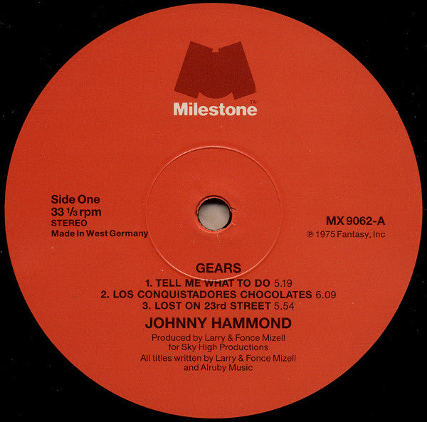 Image of Label Cover of 5114586C: LP - JOHNNY HAMMOND, Gears (Milestone; MX 9062, Germany 1987 Reissue, Glossy Sleeve) Lots of marks. Plays with some surface noise.  VG/G