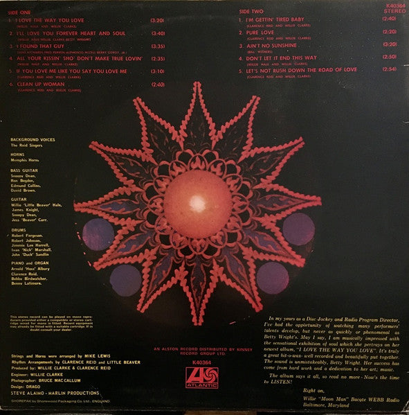 Image of Back Cover of LP - VG/G+ - BETTY WRIGHT, I Love The Way You Love Me (Atlantic; K40364, UK 1972), Click on B3. Edge wear to sleeve.,  - 1516651C