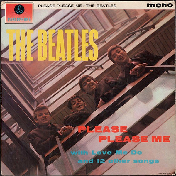 Image of Front Cover of 4644145S: LP - THE BEATLES, Please Please Me (Parlophone Black/Gold; PMC 1202, UK 1963, Flipback EJ Day, Mono - Dick James Publishing, Aligned Photo - XEX421-1, XEX422-1N.) Sleeve intact all around but  taped along bottom edge, has some moisture damage/staining to rear. The front is good with a light corner crease and a strong, readable spine. A1 is noisy and skips, but rest of the record plays G/G+ with light surface noise throughout. Both sides of disc have long light marks with  s