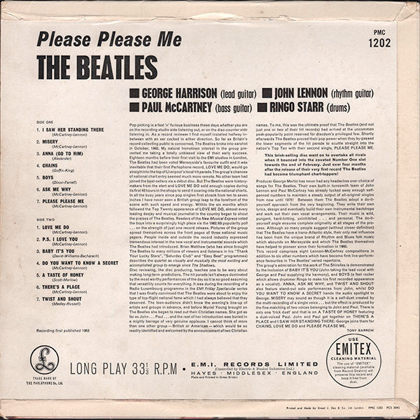 Image of Back Cover of 4644145S: LP - THE BEATLES, Please Please Me (Parlophone Black/Gold; PMC 1202, UK 1963, Flipback EJ Day, Mono - Dick James Publishing, Aligned Photo - XEX421-1, XEX422-1N.) Sleeve intact all around but  taped along bottom edge, has some moisture damage/staining to rear. The front is good with a light corner crease and a strong, readable spine. A1 is noisy and skips, but rest of the record plays G/G+ with light surface noise throughout. Both sides of disc have long light marks with  sm