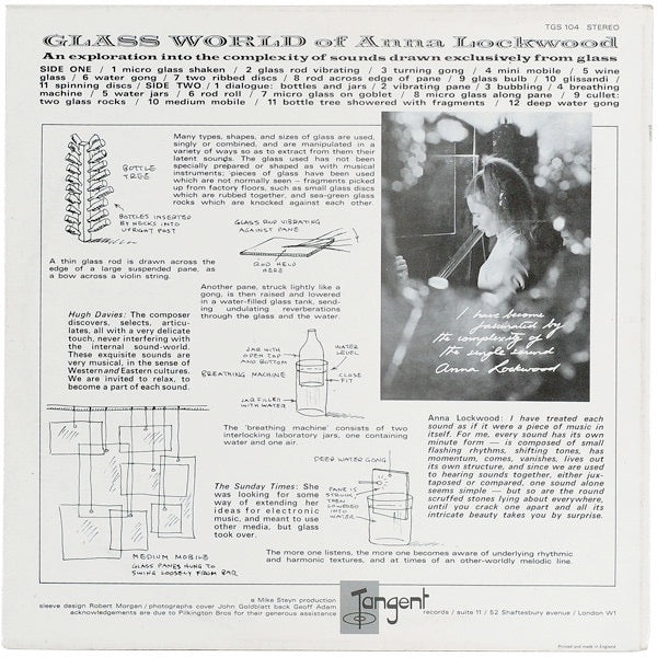 Image of Back Cover of 2514038C: LP - ANNA LOCKWOOD, Glass World Of Anna Lockwood (Tangent; TGS 104, UK 1970, Laminated Front Sleeve) Clean Copy, Track Lengths Written on White Inner  VG+/VG+