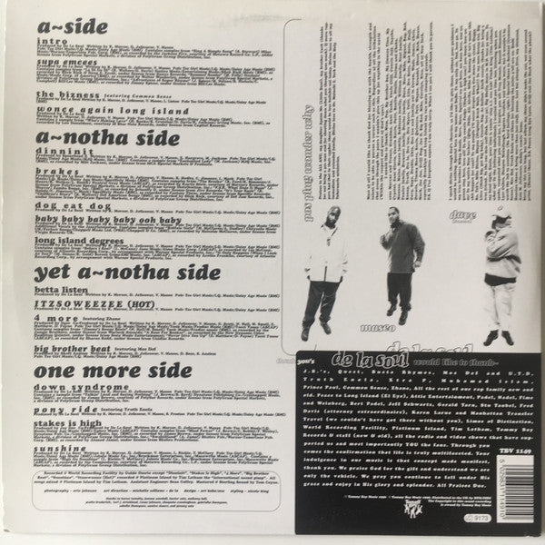 Image of Back Cover of 2xLP - VG/VG - DE LA SOUL, Stakes Is High (Tommy Boy; TBV 1149, UK 1996), Records have mostly surface marks. Some light fogging on side two. Sleeve shrink-wrapped, with some wear and creasing along opening and particularly at corners (bumped and damaged),  - 3416499C