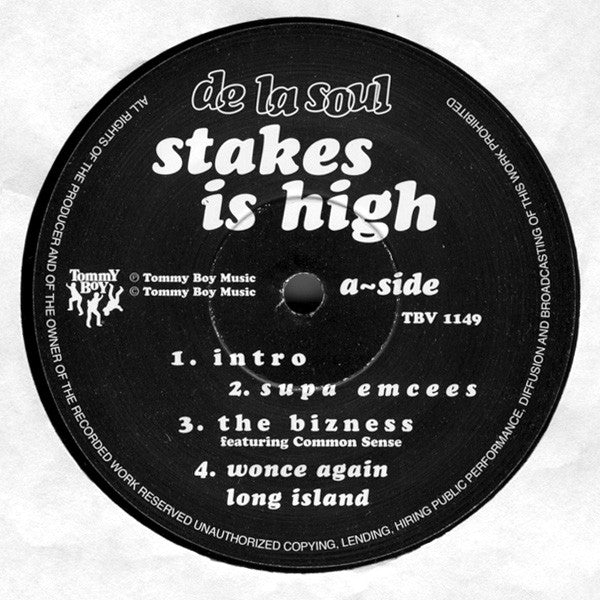 Image of Label Cover of 2xLP - VG/VG - DE LA SOUL, Stakes Is High (Tommy Boy; TBV 1149, UK 1996), Records have mostly surface marks. Some light fogging on side two. Sleeve shrink-wrapped, with some wear and creasing along opening and particularly at corners (bumped and damaged),  - 3416499C